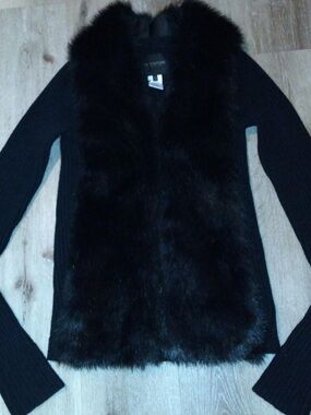 MM Couture Black Fur Front Rib-Knit Cardigan